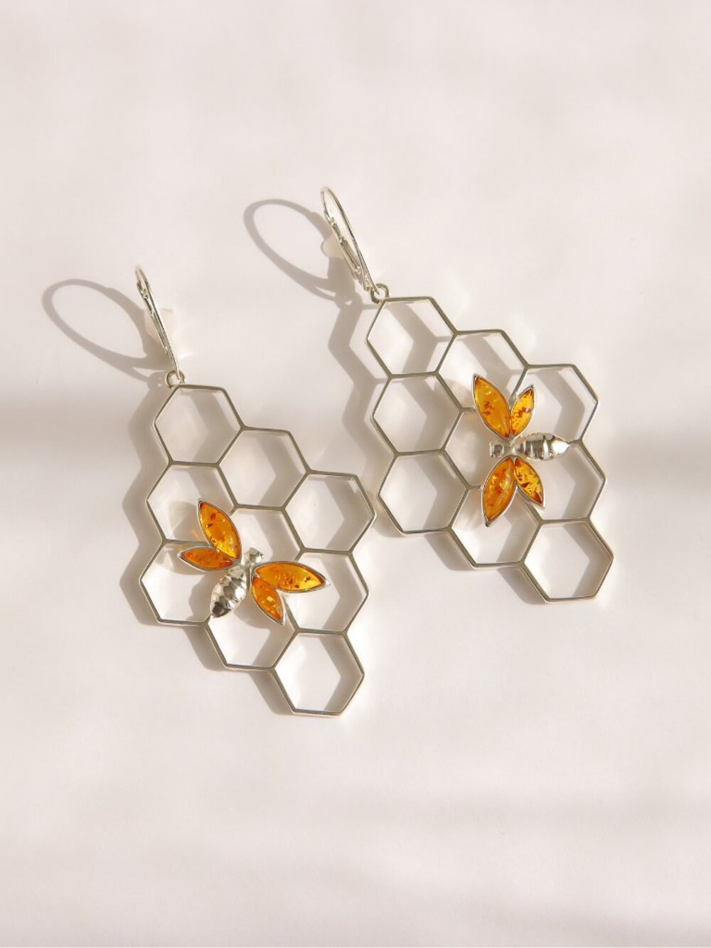 Baltic Amber Bee Earrings in Sterling Silver